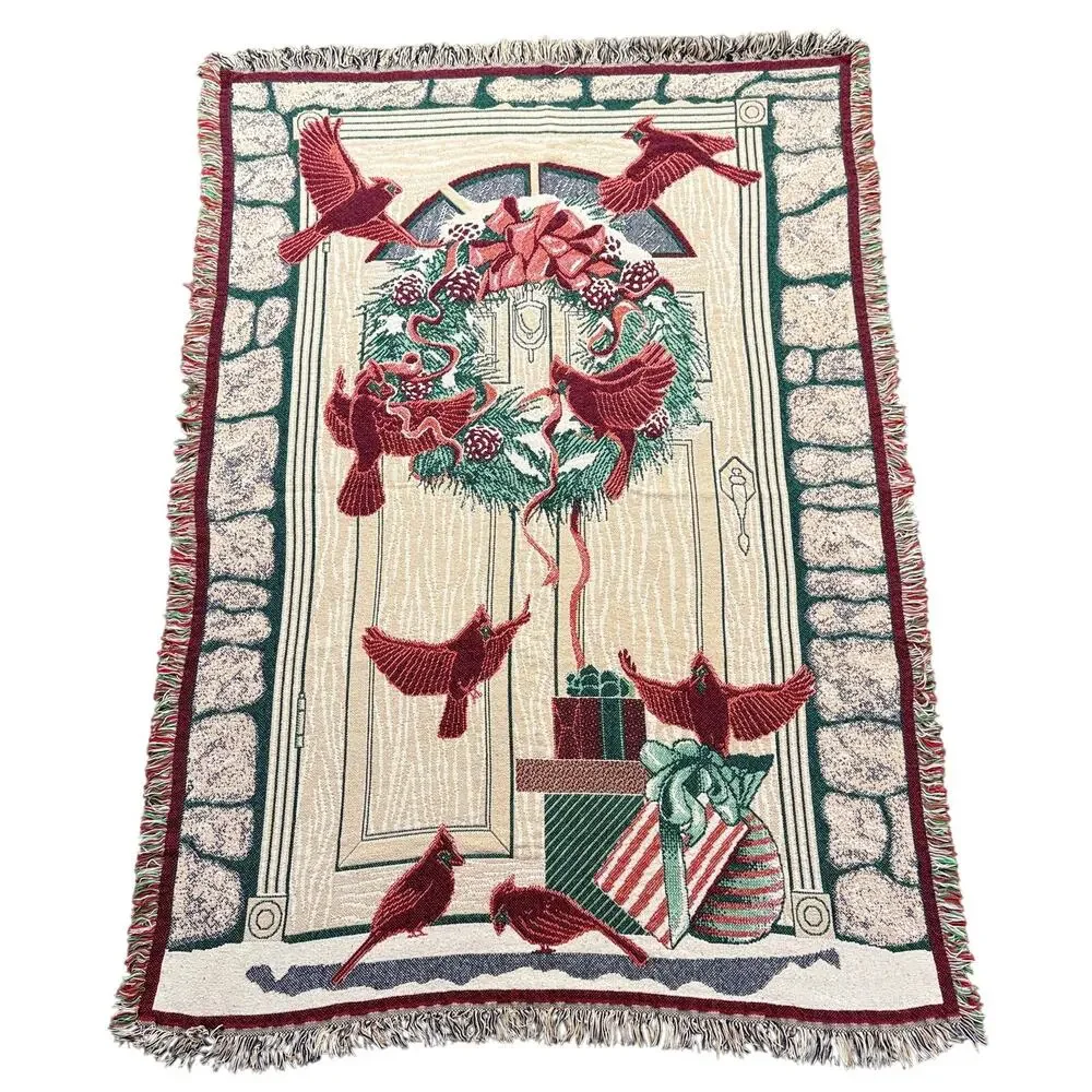 Vintage MWW 1993 Christmas Woven Tapestry Throw Blanket Wreath Cardinals 48 x 66